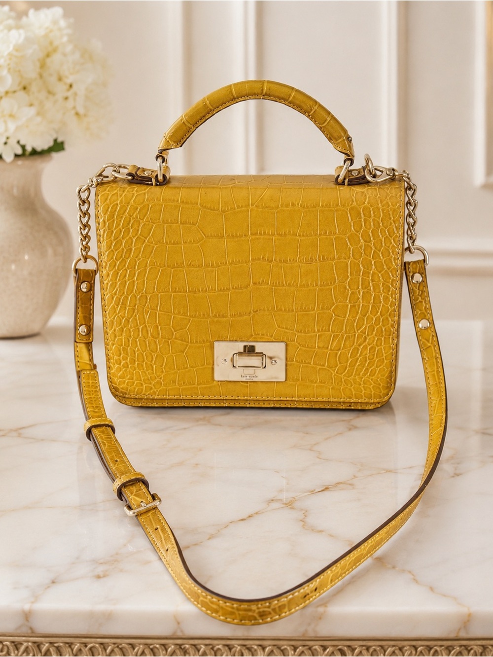 Kate Spade Yellow Croc Embossed Leather Top Handle Crossbody Satchel Bag